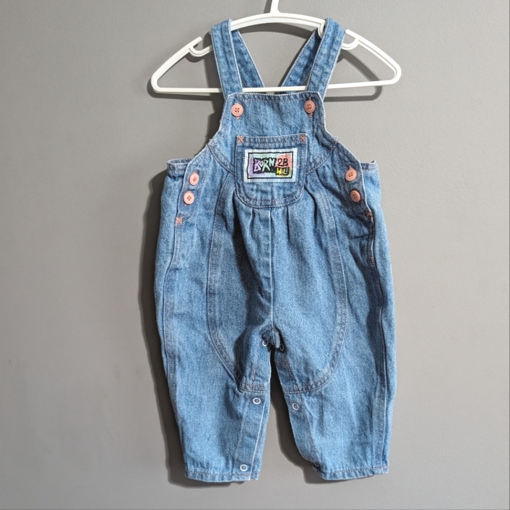 Vintage Born 2B Wild baby girl blue jean overalls size 0-6 months